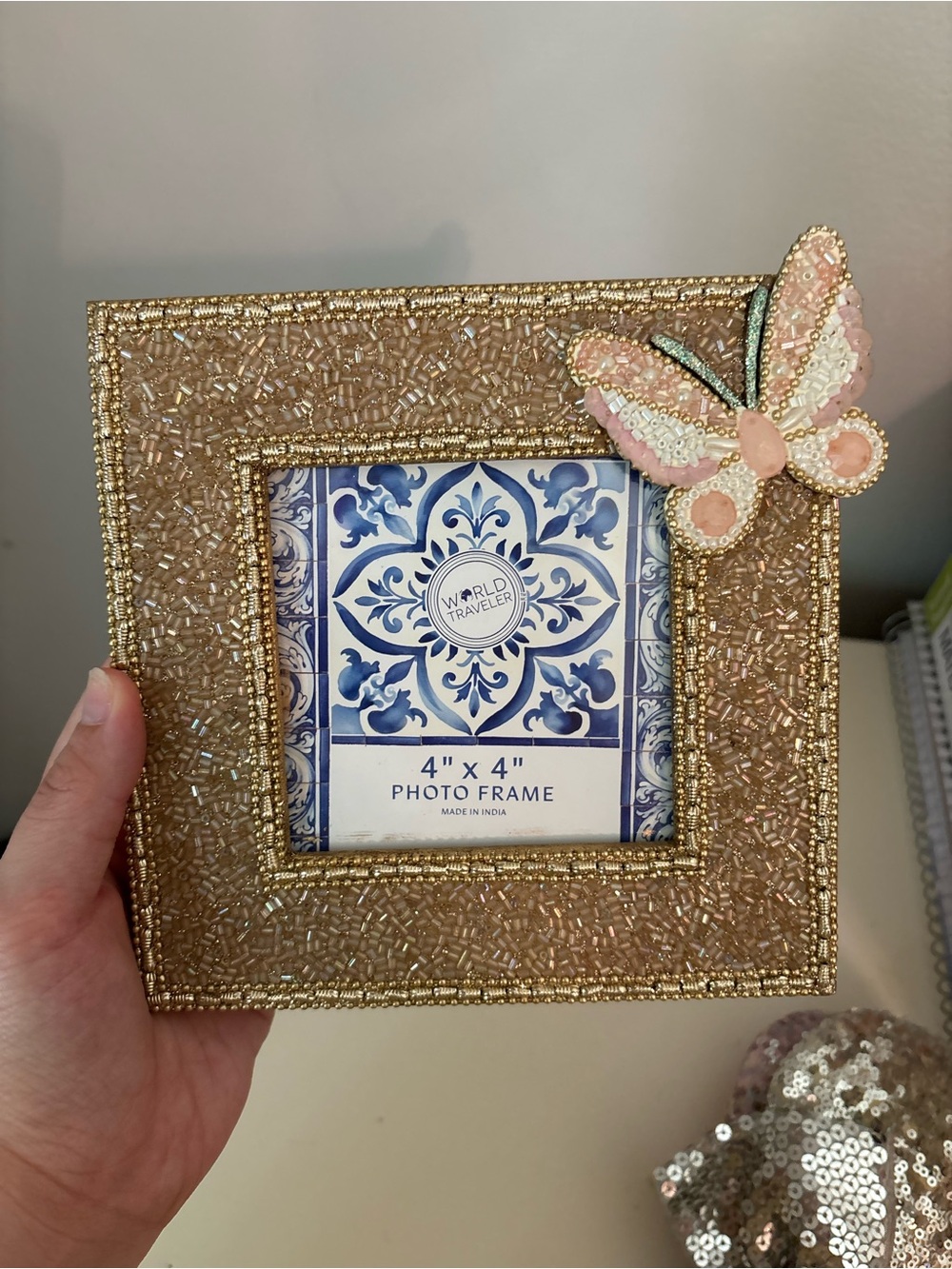 Beaded Gold 4x4 Photo Frame with Pink Butterfly Accent -